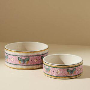 The Bistro Tile Small Stoneware Dog & Cat Bowl: Garden Edition