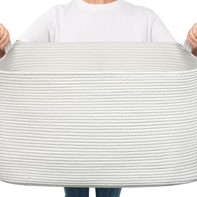 Goodpick Large Blanket Basket Living Room, Storage Baskets for Organizing, Woven Rope Laundry Basket for Toy Storage, 21.6" x 14.9" x 11.8", White