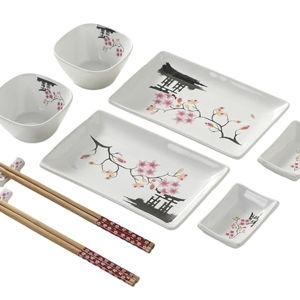 10 pcs Japanese Sushi Plate Sets Serving Platters and Trays for Entertaining Sushi Dishes Set Plates Sushi Plates Traditional Cuisine Dinnerware Sets with Chopsticks Pink Sakura