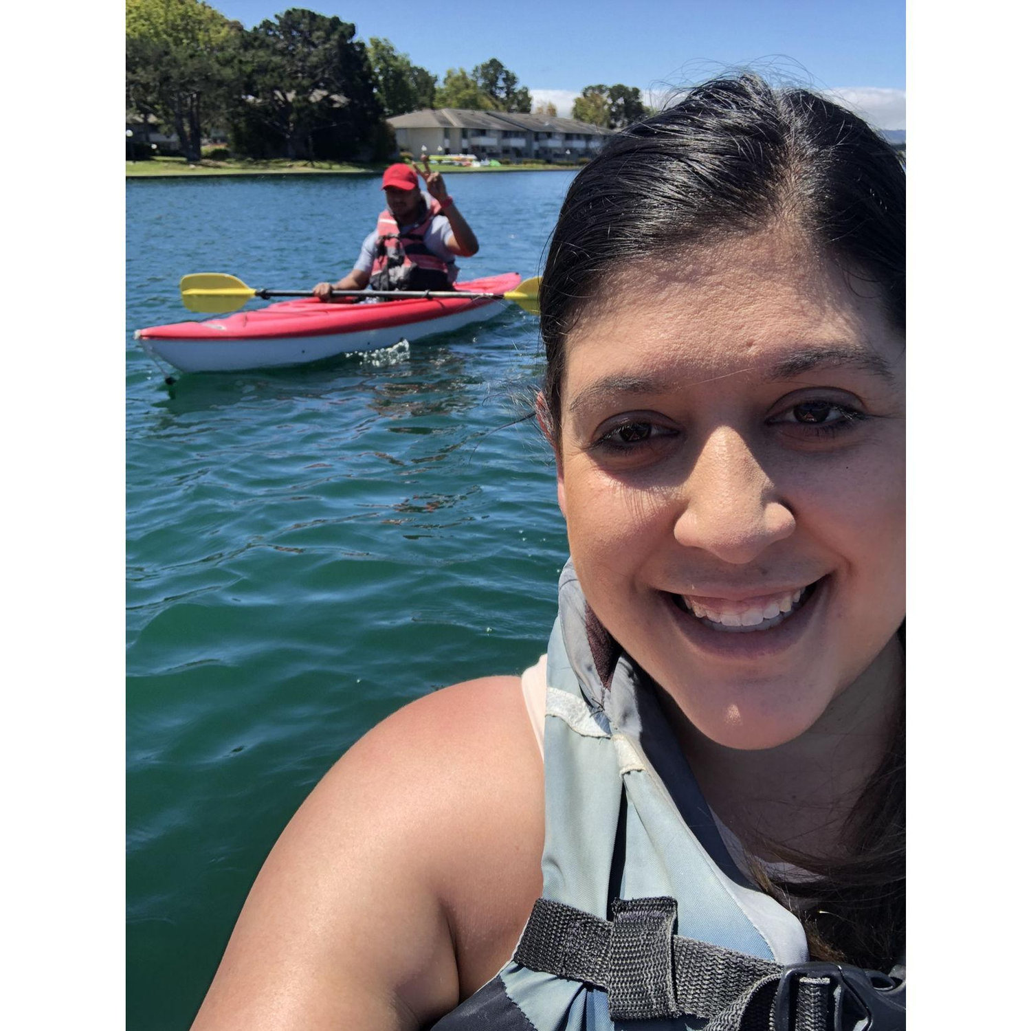 Kayaking on the Foster City Lagoon. Fun fact - we moved to those apartments behind us in the picture years later! June 2021
