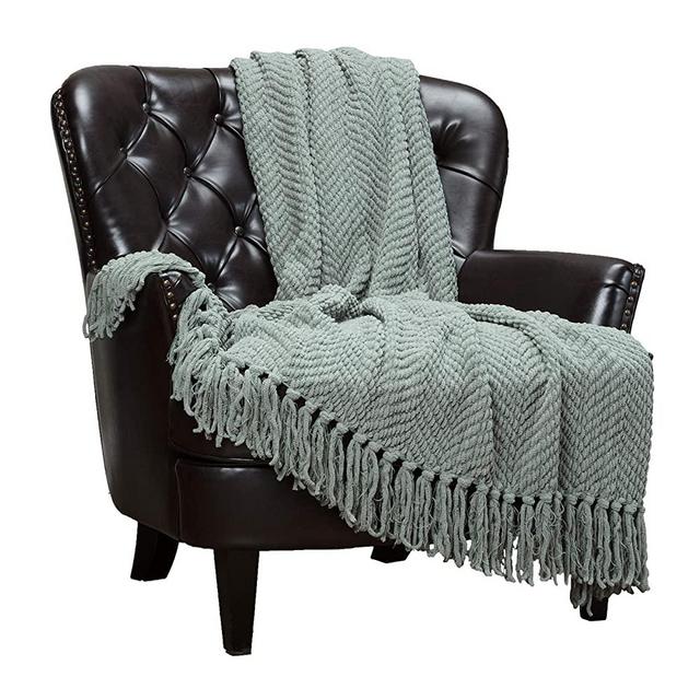 Chanasya Textured Knitted Super Soft Throw Blanket With Tassels Cozy Plush Lightweight Fluffy Woven Blanket for Bed Sofa Couch Living Bed Room Acrylic Beige Green Throw Blanket (50x65 Inches) Tan Sage