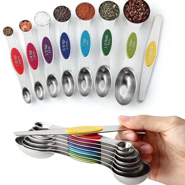 Spring Chef Magnetic Measuring Spoons Set, Dual Sided, Stainless Steel, Fits in Spice Jars, Multi-Color, Set of 8, 2 Pack