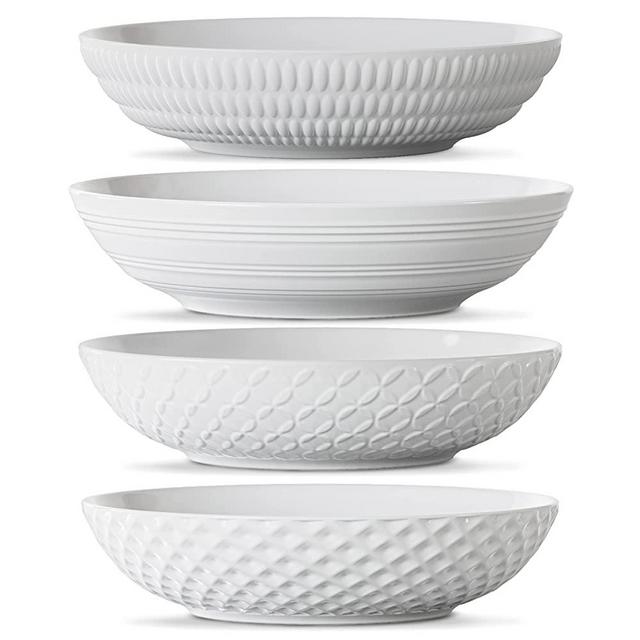 Maison Neuve Premium Porcelain White Dinner Bowls [Set of 4]- 34oz Dinnerware Kitchen Bowls For Soup, Noodle, Pasta, Salad, Cereal, Dessert- Durable Dishwasher-Safe 8.5” Serving Bowls- Textured White