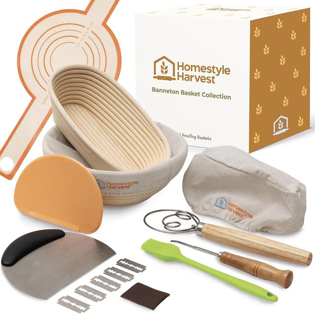 Homestyle Harvest Banneton Bread Proofing Basket Set, 10 inch Oval & a 9 inch Round Sourdough Proofing Basket, set includes a Lame, dough scraper, stainless scraper, dusting brush, linen liners