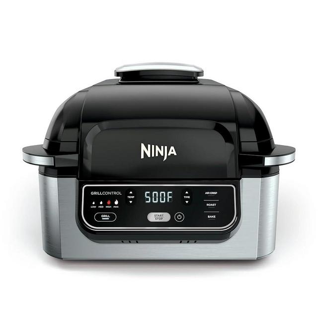 Ninja Foodi 4-in-1 Indoor Grill & Air Fryer with 500°F Cyclonic Grilling Technology, 4-Qt Capacity, Black/Stainless, Smoke Control System, Roast-Bake-Air Crisp Function, Dishwasher Safe Parts