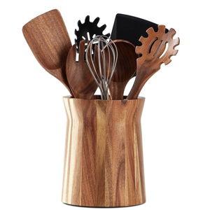 Wooden Utensil Holder for Countertop, 360° Rotating Kitchen Utensil Holder, 7.2"x 6" Large Acacia Wood Crock, Farmhouse Kitchen Decor