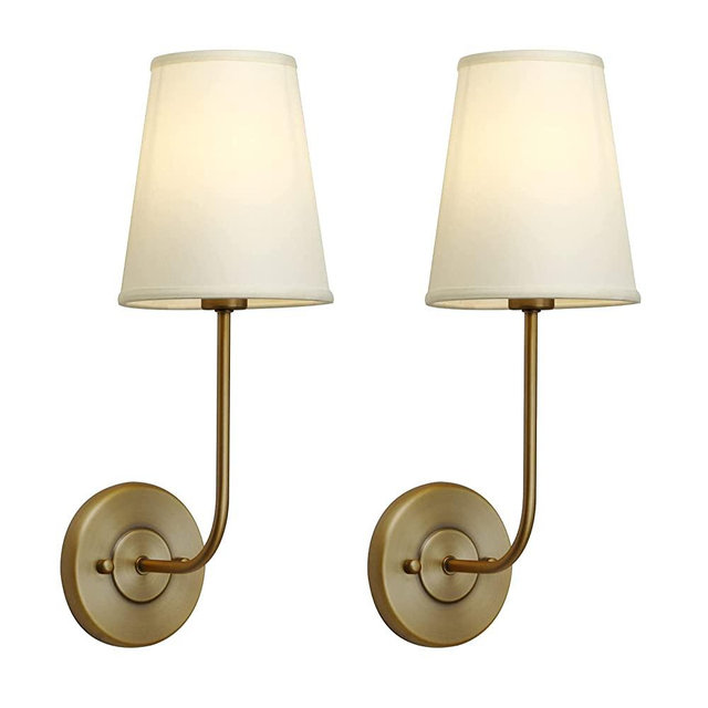 Pathson 2-Pack Rustic Wall Sconce with Light Yellow Fabric Shade Not Pure White, Modern Vintage Wall Mounted Lamp 1-Light Fixture Suitable for Bedroom Living Room, Antique Brass Finish (Antique)