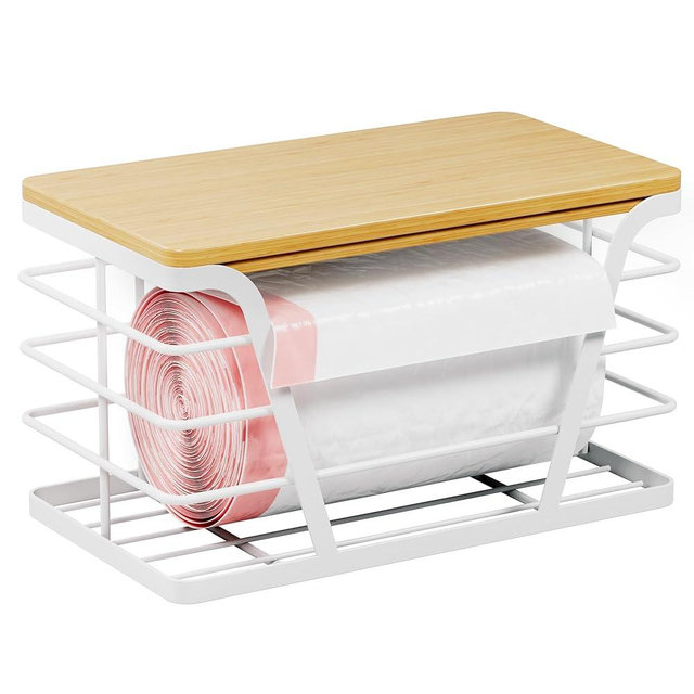 TIDIIABODE Small Grocery Bag Holder, Trash Bag Dispenser with Removable Bamboo Top, No Drill,White