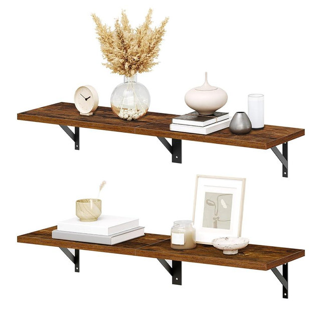 HOOBRO Floating Shelves, 30 Inch Wall Shelf Set of 2, Wall-Mounted Storage Shelves, Retro Hanging Shelf with Metal Frame, for Living Room, Bedroom, Bathroom, Kitchen, Rustic Brown and Black BF24BJ01