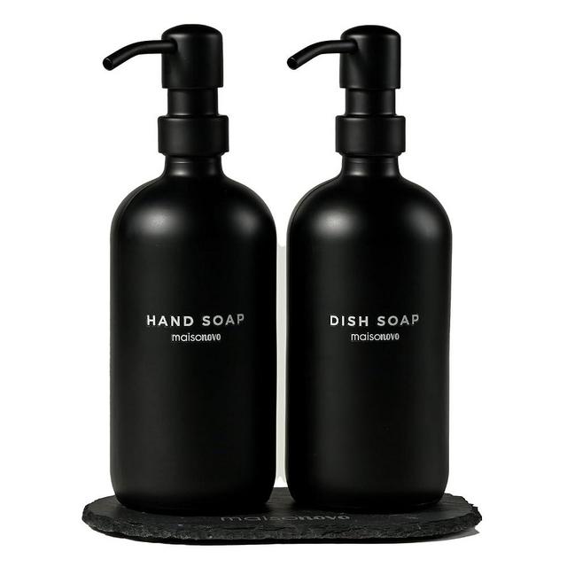 MaisoNovo Black Glass Hand Soap Dispenser with Pump and Tray | Soap Dispensers for Kitchen Hand Soap Dispenser | Elegant and Functional Bathroom Hand Soap Dispenser | Soap Dispenser Bathroom Set of 2