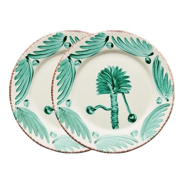 Casa Nuno Green and White Dinner Plates, Palm, Set of 2