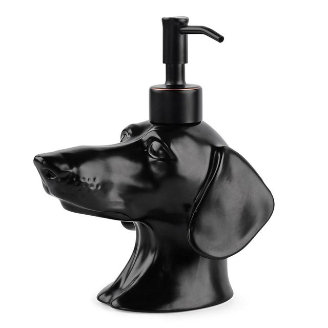 Dachshund Dog Shaped Soap/Lotion/Hand Sanitizer Weiner Ceramic Stainless Steel Pump Dispenser Gift for Dog Lover, Refillable for Kitchen and Bathroom(Black)
