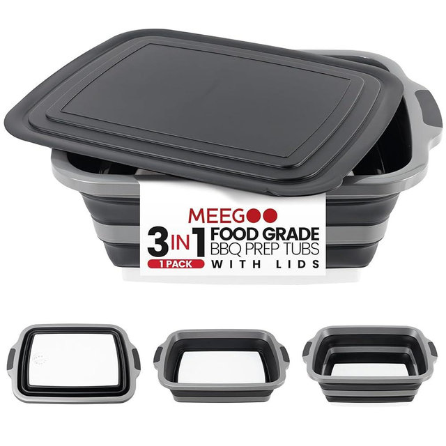 BBQ Prep Tub 3-IN-1 Large 30L Collapsible Cutting Board with Lid for Grill Meal Prep Marinating Food, Camping Sink with Colander, Dish Basin, Storage Blanket for Camping Picnic BBQ Grilling, Black