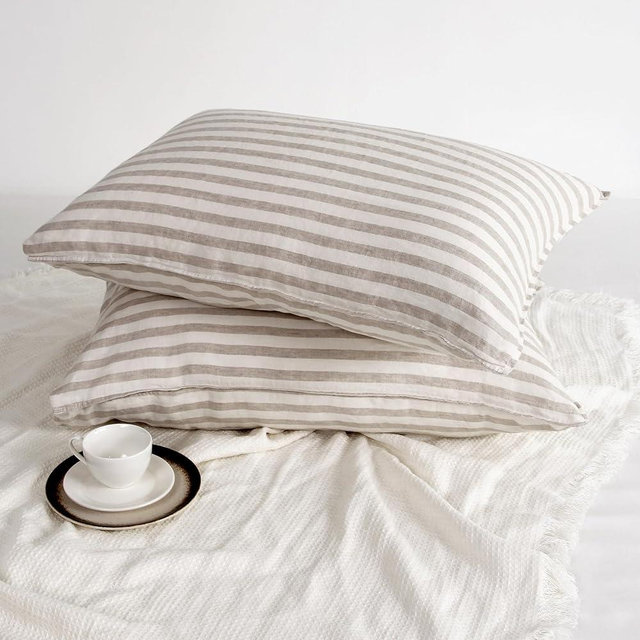 L Linen World Striped Linen Pillow Cases Set of 2,20"x30" Standard/Queen Size,100% French Natural Flax Soft Linen Pillowcases,Natural Stripe