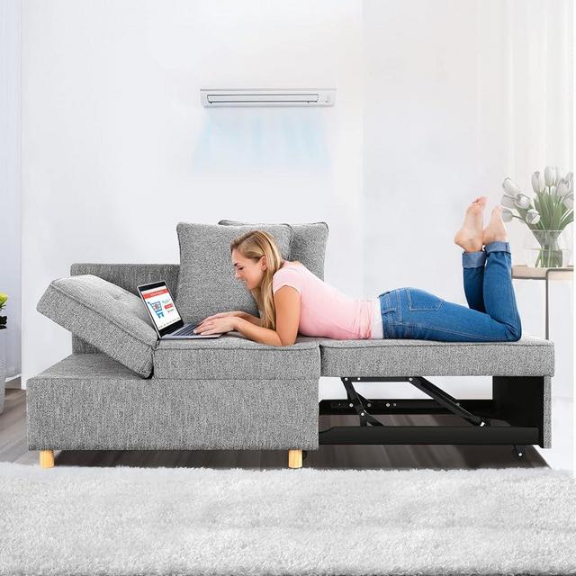 SEJOV Sofa Bed 4-in-1 Convertible Sofas & Couches, 3-Seat Linen Fabric loveseat Sofa with 2 Throw Pillow, Single Recliner for Small Space with 5 Adjustable Backrest, Grey