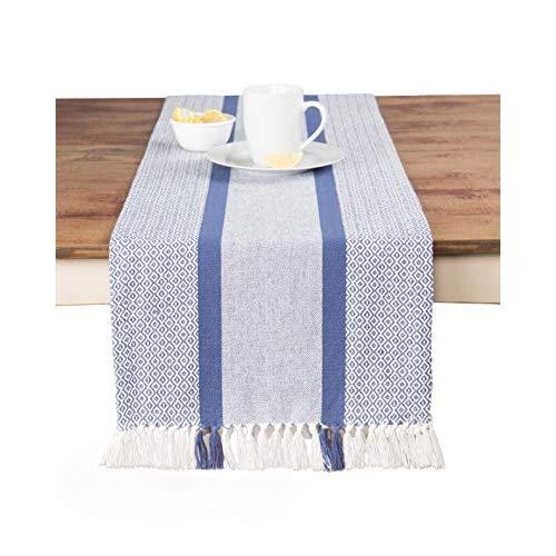 Sticky Toffee Cotton Woven Table Runner with Fringe, Traditional Diamond, Blue, 14 in x 72 in