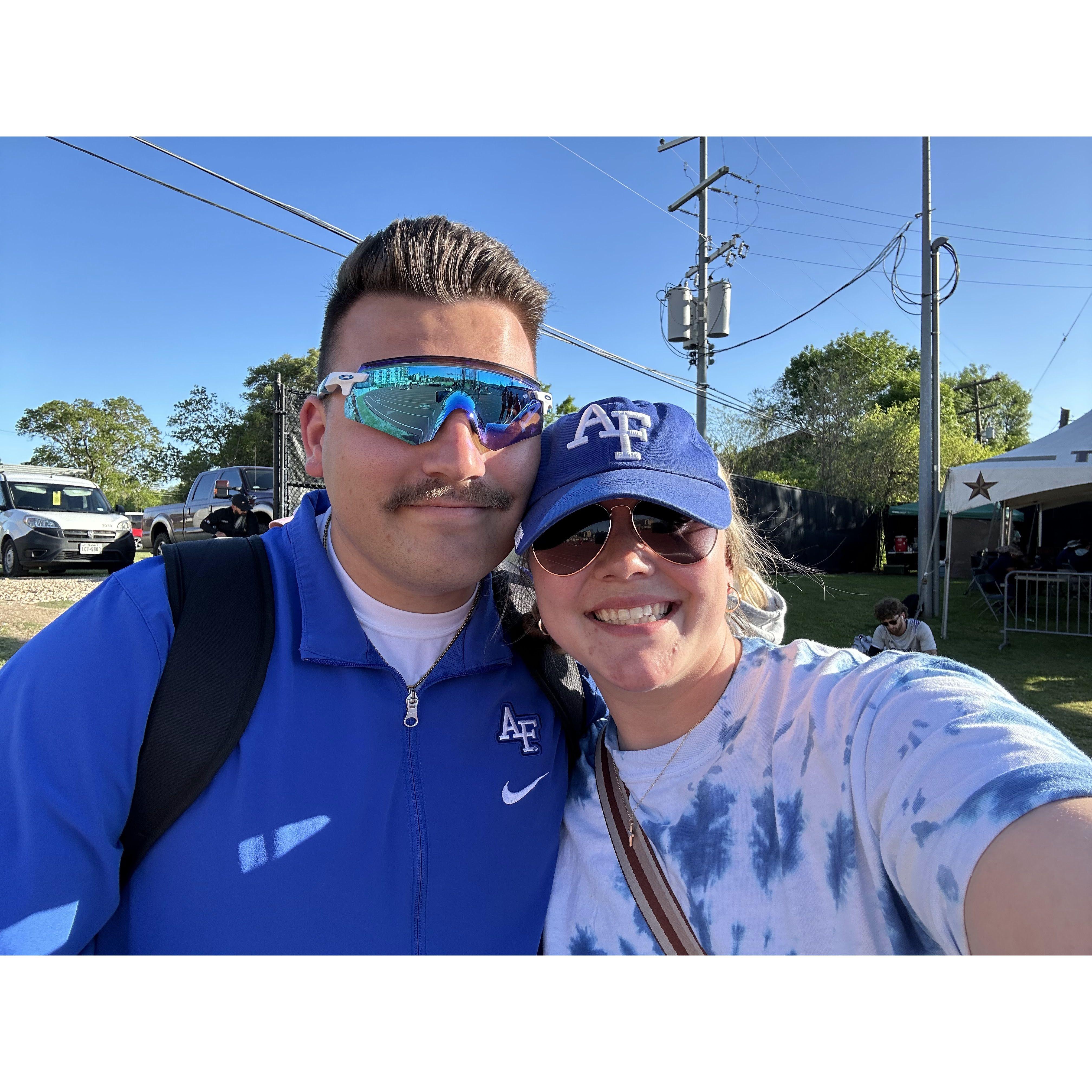 Spring Break in Texas. Teagun was on the USAFA track team and threw Javelin. This meet he had his all time personal best!