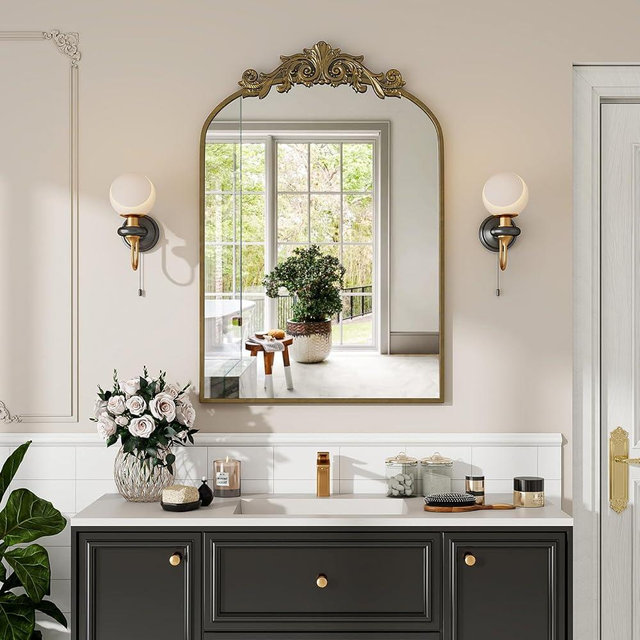 VooBang Vintage Arched Wall Mirror, 24x36 inch Retro Arch Bathroom Mirror, Carve Pattern Top Wall Mounted Vanity Mirror with Metal Frame, Bathroom Mirror Hanging or Leaning, Antique