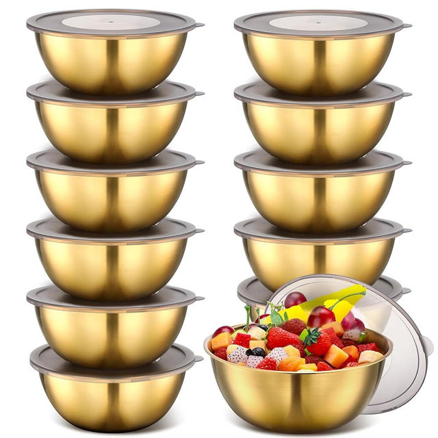 Nuogo 12 Pack 8.27 Inches Gold Stainless Steel Mixing Bowls with Airtight Lids Stackable Metal Serving Esthetician Facial Bowls for Salad, Fruit, Soup & Kitchen Prep