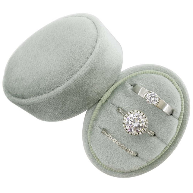 Beatilog Velvet Oval Ring Box 3 Slots - Premium Wedding Three Rings Box Vintage Handmade Storage Jewelry Organizer for Proposal, Engagement, Wedding Ceremony, Christmas (Sage Green)