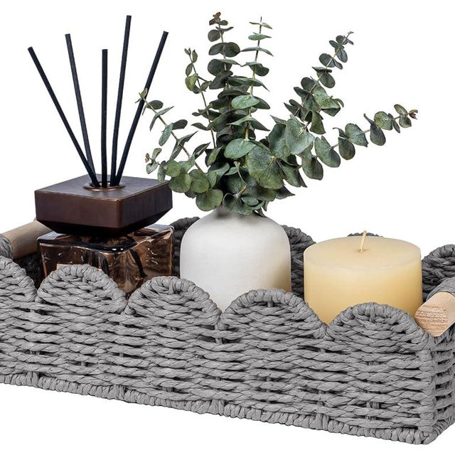 CubesLand Toilet Paper Storage Basket Organizer, Small Wicker Toilet Tank Top Decorative Baskets for Countertop, Handwoven Scalloped Basket w/handle for Home Decor, Living Room, Bedroom, Grey