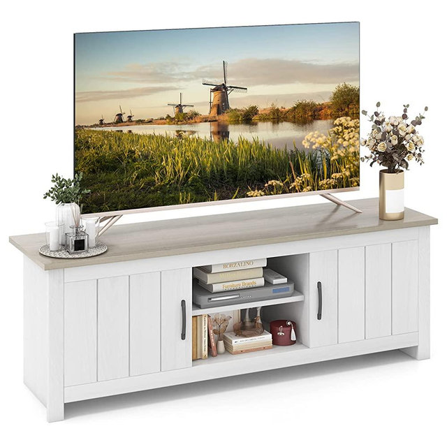 Tangkula 2 Doors TV Stand for TVs up to 65”, 57” TV Console Table with 2 Cabinets & Open Shelves, Media Entertainment Center with 2 Cable Management Holes, Wood TV Cabinet for Living Room (White Oak)