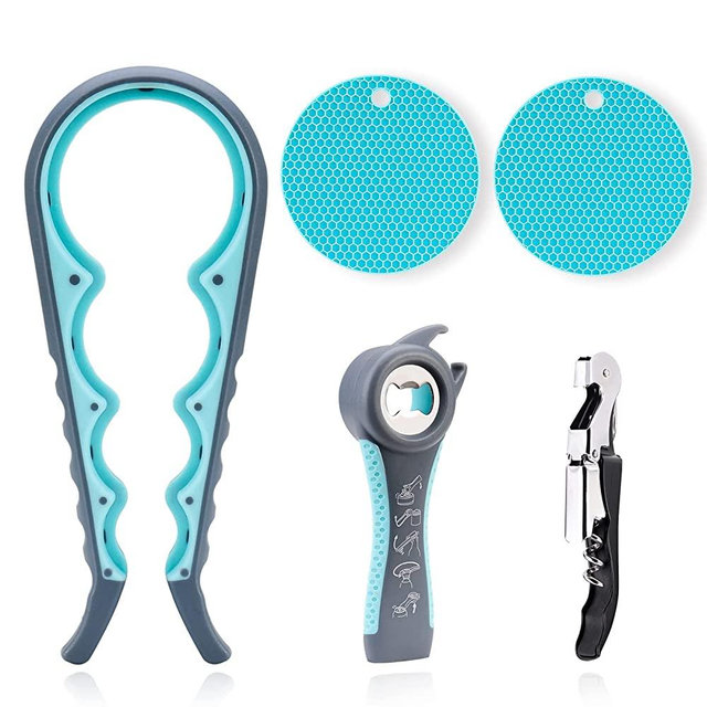 Astofli Multi Bottle Opener For Arthritic Hands With Corkscrew Wine Opener, Easy Twist Jar Opener For Weak Hands With Rubber Jar Opener Gripper Pad, Adjustable Jar Opener For Seniors With Arthritis