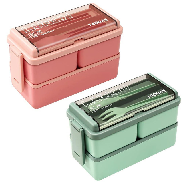 CHZZMS 2 Pack Bento Box Adult Lunch Box,49OZ Leakproof Eco-Friendly Stackable Bento Lunch Box Meal Prep for Dining Out, Work, Picnic, School (green+pink)