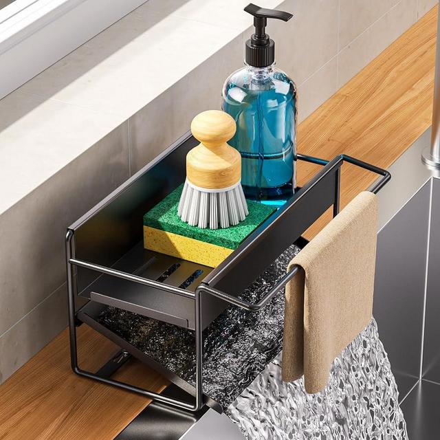 SAINT NIEVE itchen Sink Caddy, Sponge Holder for Kitchen Sink, Rustproof 304 Stainless Steel Organizer with Towel Holder, Space-Saving Kitchen Accessories