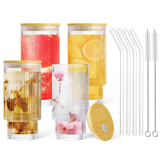 DoceMora Ribbed Glass cups with Bamboo Lids and Glass Straws Set of 4, Fluted Vintage Ripple Clear Glassware, Reusable Origami Style Drinking Glasses for Juice, Iced Coffee, Tea and Cocktail (16oz)
