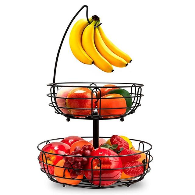 Bextsrack 2 Tier Fruit Basket Bowl with Banana Hanger for Kitchen Countertop, Detachable Fruit Vegetable Storage Holder Display for Kitchen