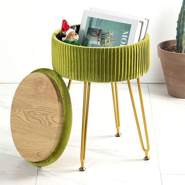 LUE BONA Velvet Vanity Stool Chair for Makeup Room, Vanity Stool with Gold Legs,18” Height, Small Storage Ottoman Foot Ottoman Rest for Living Room, Bathroom, Green