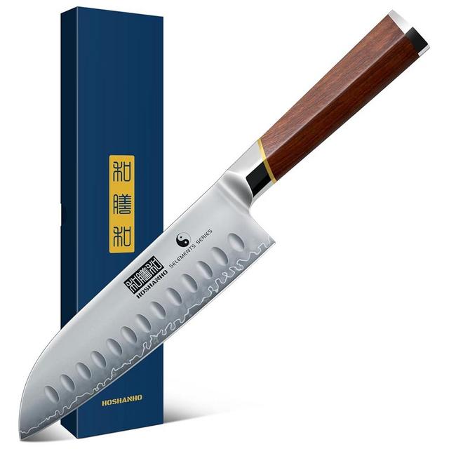 HOSHANHO 7 Inch Santoku Knife，Professional Japanese High Carbon Super Steel Chef Knife, Razor Sharp Kitchen Knife with Ergonomic Red Sandal Wooden Handle - Gift Box