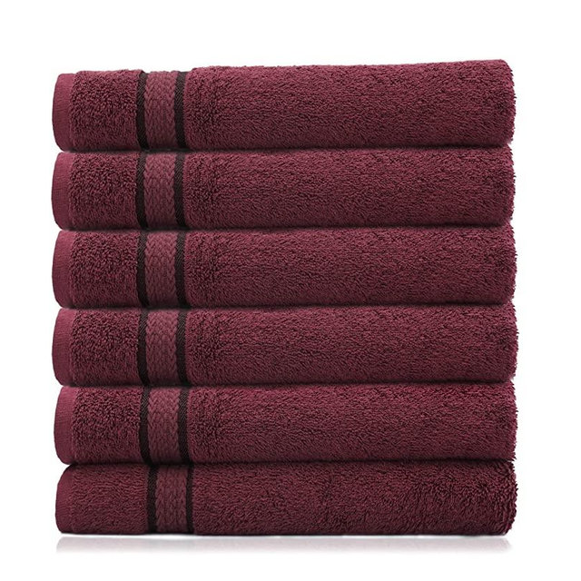 COTTON CRAFT - 6 Pack - Ultra Soft Extra Large Hand Towels 16x28 Burgundy - 100% Pure Ringspun Cotton - Luxurious Rayon Trim - Ideal for Daily Use - Each Towel Weighs 6 Ounces