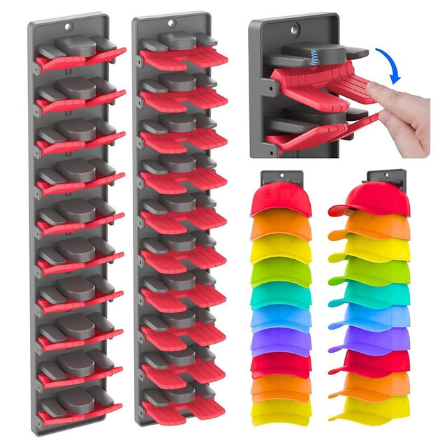BRUBEQO Hat Organizer for Baseball Caps 2 Packs with Built Spring Clips - Wall Mount Closet Hat Rack Holder, Storage for Wall Door/Closet Display Hat Racks Hanger (Install by Adhesive & Screws)