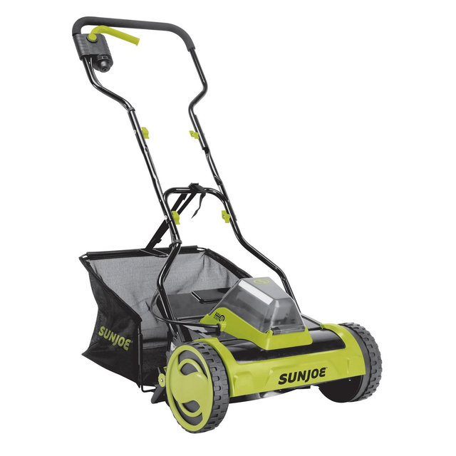 Sun Joe Cordless Push Reel Lawn Mower, 15” Yard Trimmer w/ 11.9-Gal Bag, 24V, Black/Green - Heavy-Duty Gardening Machine and Equipment for Grass,