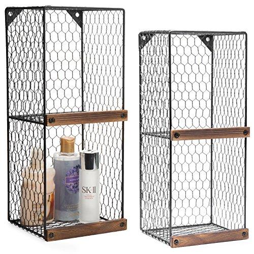 MyGift Set of 2 Wall-Mountable 2-Tier Chicken Wire Storage Shelves with Wood Ledges, Farmhouse Basket Bins