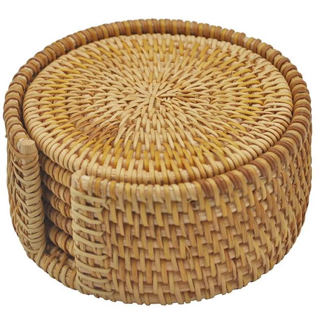 Handwoven Rattan Coasters - Cup Base Plates & Dishes Insulated Hot Pads Pot Holder - Living & Dining Room Kitchen Accessories - Set 6 Pcs with Holder (Rattan, 4" Round)