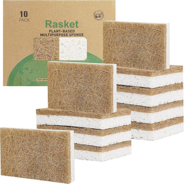 Rasket 10 Pack Biodegradable Natural Sponges Kitchen - Compostable Cellulose and Coconut Walnut Scrubber Sponge - Eco Friendly Sponges for Dishes