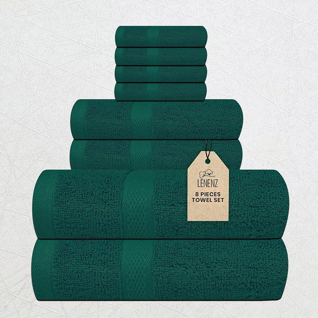 Lenenz Luxury 8 Piece Set, 2 Bath Towels 2 Hand Towels 4 Washcloths, 100% Cotton Towels for Bathroom, Home, Spa, Hotel & Gym – Ultra Soft, Highly Absorbent, Quick Dry (Olive Green)