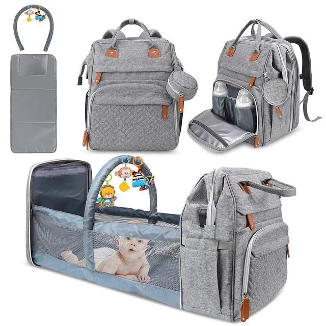 Baby Diaper Bag Backpack, Diaper Changing Station, Portable Crib Backpack for Boys Girls, Waterproof Changing Pad, USB Charging Port, Pacifier Case, Sunshade and Toy Bar, New Mom Gifts for Women