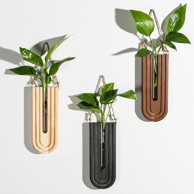 Dnnnii Indoor Wood Wall Planter Set of 3 for Plants - Boho Handmade Hanging Propagation Station with Curved Rainbow Design, Wall Mounted Vase for Flowers, Natural Home Decor Living Room Entryway