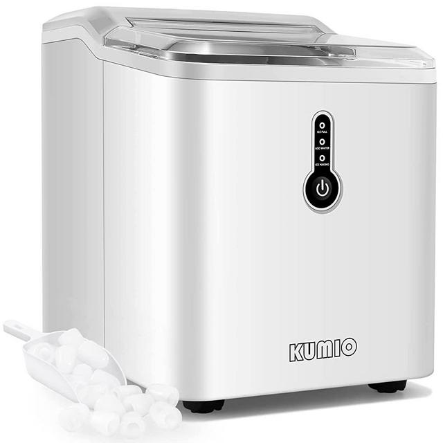 Countertop Ice Maker, 9 Thick Bullet-Shaped Ice Ready in 9 Mins, 26.5 Lbs in 24Hrs, KUMIO Portable Ice Maker Machine with Ice Scoop and Basket for Home/Kitchen/Party, White
