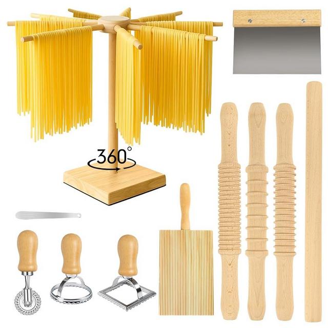 3 Size Pasta Making Tools, 11Pcs Wooden Pasta Making Kit with 3 Size Threaded Rolling Pins, Long Rolling Pin, Rotatable Pasta Drying Rack, Gnocchi Board, Dough Cutter, Wheel Cutter, 2 Stamps