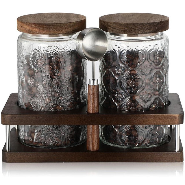 Suclain Glass Coffee Grounds Container with Shelf 2 x 34 oz Glass Coffee Bean Storage Canisters with Airtight Thread Lid and Measuring Spoon Food Storage Jars for Kitchen Sugar Nut