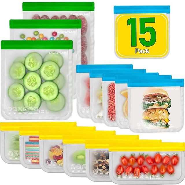Reusable Storage Bags For Food - 15 Pack Freezer Bags | 3 Reusable Gallon Bags + 6 Reusable Sandwich Bags + 6 Reusable Snack Bags | Non Plastic/Silicone Lunch Bags For Kids