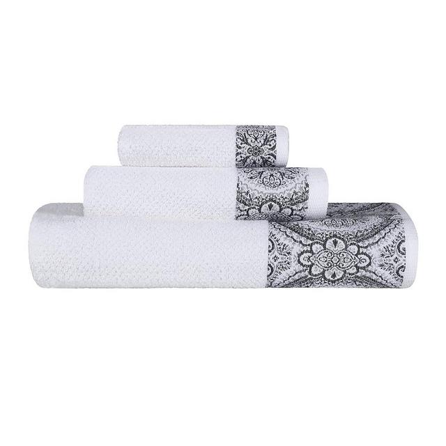 Superior Medallion 100% Turkish Cotton 530 GSM Highly Absorbent 3-Piece Towel Set, Jacquard Towels, Decorative Design, 1 Bath, 1 Hand, and 1 Face Towel for Guest or Master Bathroom, White/Grey