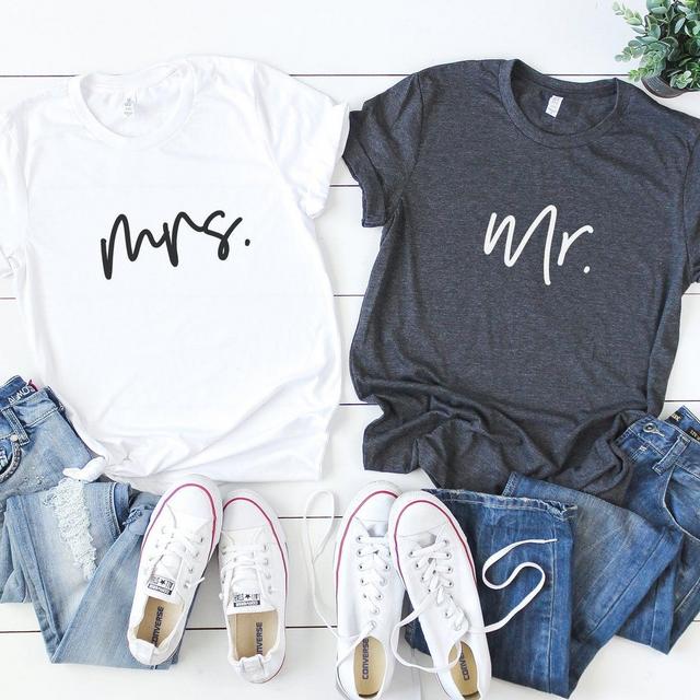 MRS and MR Shirts - Matching Couple Shirts - Wifey Hubby T-Shirts - Honeymoon Shirts - Wedding Gift Set ( medium mrs white and black) (xl-mr grey and white)