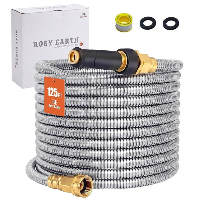 Rosy Earth Metal Garden Hose 125 FT - 304 Stainless Steel Water Hose 125 FT - Expandable Short Flexible Garden Hose,no Kink Explosion, no Bite