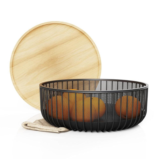 Libken Metal Wire Mesh Fruit Basket with Wooden Lid - Fly-Proof Indoor Solution for Fresh Fruits - Covered Fruit Bowl with Lid - Produce Cover Against Flies for Vegetables - Black